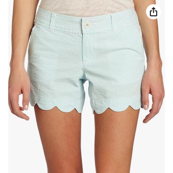 Lilly Pulitzer Pants - Lilly Pulitzer Buttercup Shorts – Shorely Blue Lucky Seersucker, Scalloped Hem